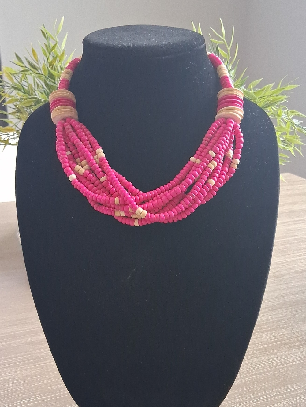 Vintage Hot Pink and Natural Wooden Beaded Multi-Strand Statement Necklace